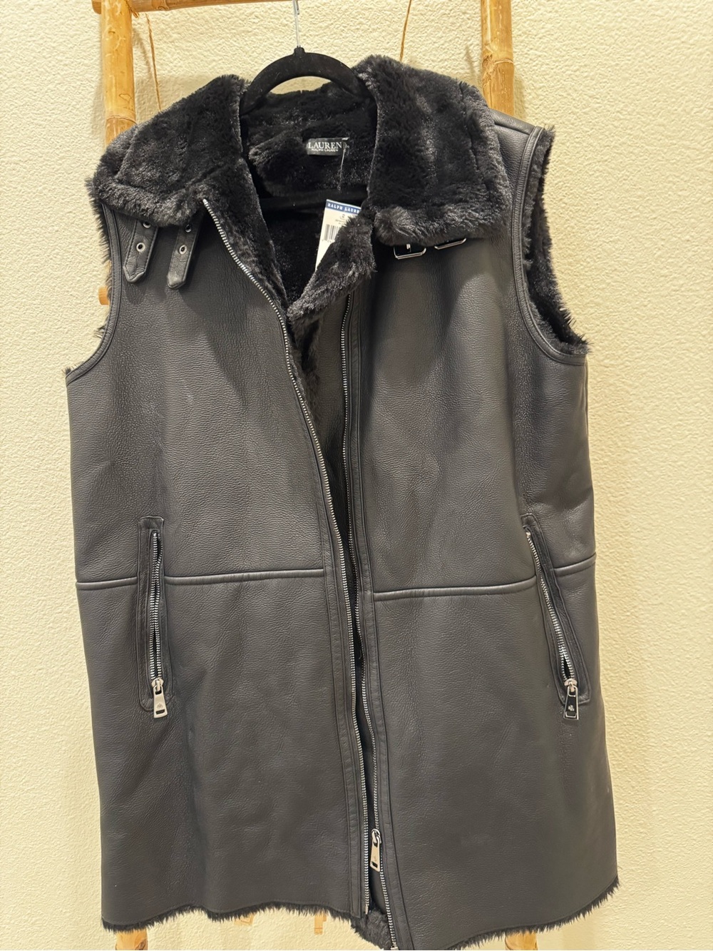 Ralph Lauren Black Faux Leather Shearling Vest